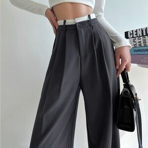 nwot gray white waistband trousers pants straight leg work or casual medium